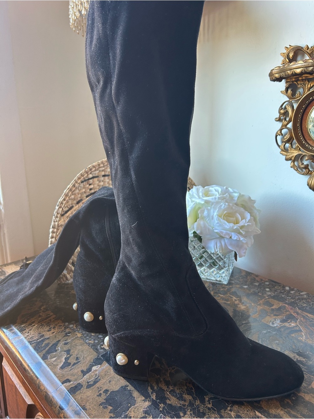 Ivanka Trump Black Over-the-Knee Boots with Pearl Heel Detail